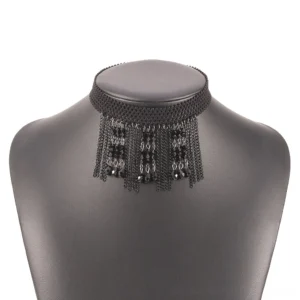 Black tassel choker necklace displayed on mannequin torso, featuring detailed woven mesh collar and hanging black bead crystal tassel decorations