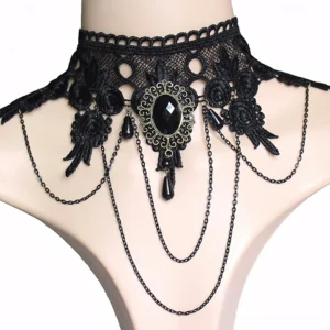 Vintage gothic lace choker with teardrop dangling pendants, close-up frontal view on model showcasing intricate lace and chain work