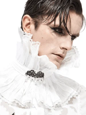 Gothic neck collar with black ornamental brooch featuring dangling pearl accents, right side angle