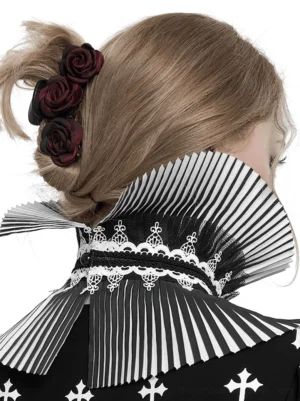 Gothic black and white pleated collar neckwear back view displaying split pleated design and lace trim