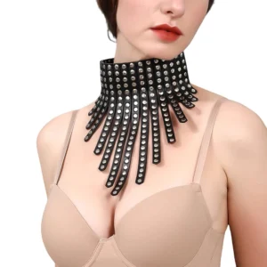 Black PU leather gothic choker with rivets - side angle view on model displaying adjustable neck collar with metal studs