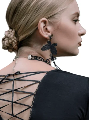 Gothic lace choker with butterfly earrings back view, showing lace-up back detail of complete alternative fashion outfit