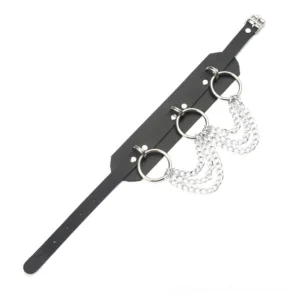 Gothic choker necklace with adjustable buckle system, side angle view showing triple O-rings and industrial chain details