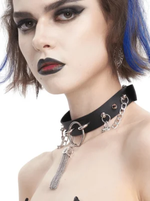Black leather gothic choker three-quarter side view showcasing hanging silver metal tassel and chain details on model