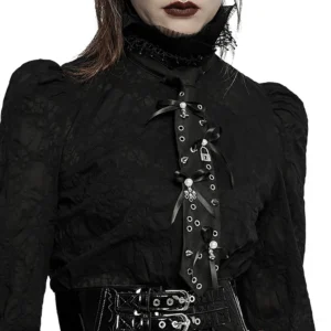 Close-up front view of gothic lace choker tie with decorative charms paired with high-neck black goth blouse with intricate dark adornments