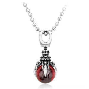 Red gemstone gothic claw pendant necklace in stainless steel with vintage silver tone and beaded chain