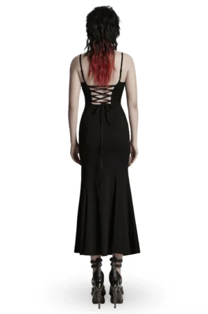 Back view of gothic claw slash dress showing lace-up corset back detail and flowing fishtail hemline