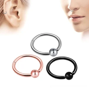 Double layer gothic clicker nose hoop rings in silver, rose gold, and matte black with spherical bead accents on model display