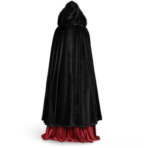 Floor-length Gothic velvet cloak back full view with dramatic drape and faux fur hood