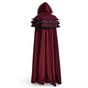 Gothic cloak back view showcasing layered scalloped black capelet and architectural shoulder design on wine-red fabric