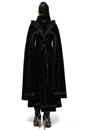 Black gothic cloak coat back view showing lace-up corset design and floor-length hem