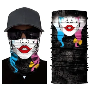 Gothic clown balaclava face cover worn on male model with sunglasses and baseball cap, demonstrating front view and on-body styling of the theatrical black neck gaiter with clown face print