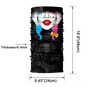Seamless gothic clown balaclava neck gaiter flat lay, displaying stretchy dark polyester fabric with theatrical clown face design featuring blue and pink hair and yellow bow, one size universal fit