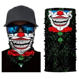 Clown skull gothic neck gaiter balaclava worn with cap and sunglasses, black base with green crack patterns and red-white-blue skull design, front close-up view