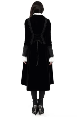 Back view of gothic long coat showing elegant corset-style lace-up back detail and full length silhouette