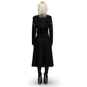 Black gothic long coat back view showing corset lace-up waist detail and extended hemline