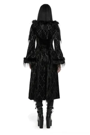 Gothic hooded coat back view showing lace-up detail and flared faux fur-trimmed cuffs on model