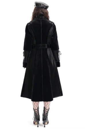 Gothic faux leather velvet coat with lace-up sleeves, back full view showing waist belt and structured silhouette