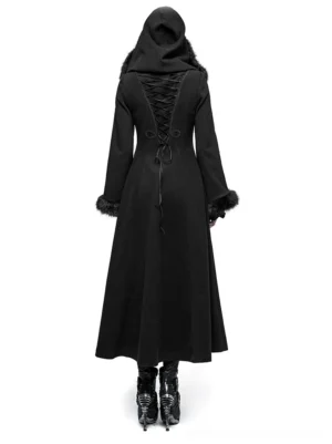 Back view of Victorian gothic long coat with lace-up back design and dramatic floor-length hem