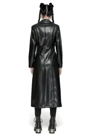 Back view of black gothic coat with waist belt and split hem detail, full-body shot showcasing tailored silhouette and extended length on model