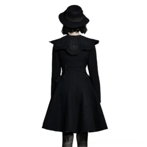 Black Victorian gothic winter coat back view showing fitted waist and flared hem