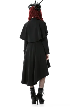 Detachable cape overlay on gothic coat dress back view showing high-low hem and structured shoulders