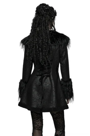 Black gothic winter coat featuring lace-up corset back detail, long curly styling, and luxurious faux fur cuffs - back full-body view