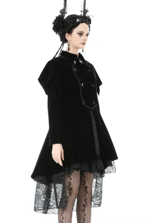 Gothic velvet coat side profile showing capelet shoulder design and tailored waist fit