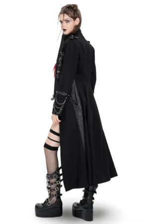 Gothic long coat side rear view showing fitted waist, sleeve chains, and rear zipper slit detail