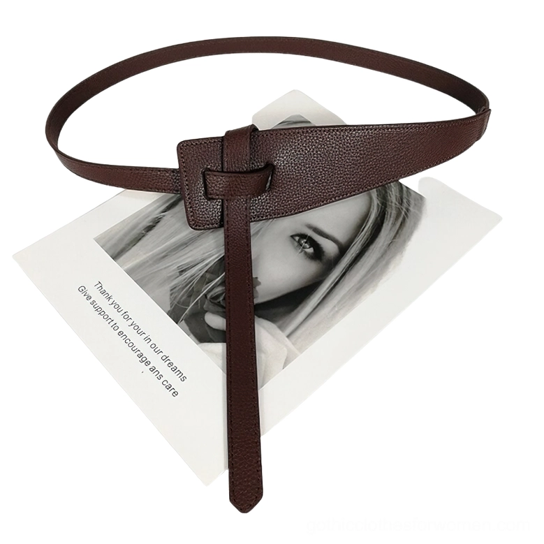Dark brown coffee pebbled PU leather belt with knotted strap design fastener, flat lay product photography