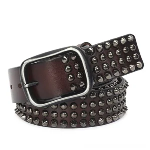 Deep coffee brown leather studded belt with silver cone rivets and pin buckle closure