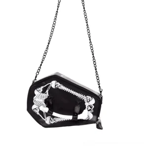 Hanging coffin crossbody bag with skeleton print zipper detail and metal chain strap, top-down studio photography