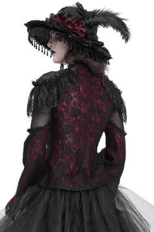 Gothic Victorian lace blouse with cold shoulder cutouts and crimson-lined bell sleeves - rear three-quarter angle showcasing back design details
