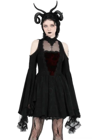 Black velvet gothic cold shoulder dress with flared lace sleeves - front view on model