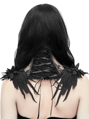 Black lace-up gothic choker collar back view showing wing-shaped lace decoration and adjustable closure