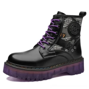 Black glossy PU leather gothic combat boots with purple laces and platform sole, side profile view