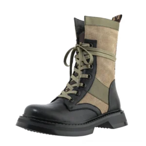 Khaki and black color-block mid-calf gothic combat boots with lace-up closure, left front view on white background