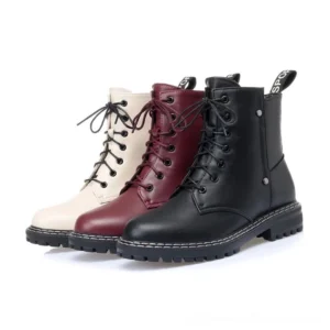 Three colorway options of gothic leather combat ankle boots - black, burgundy, and beige with wool lining