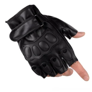 Black half-finger gothic tactical combat gloves with reinforced knuckle armor and elastic wrist cuff, front view