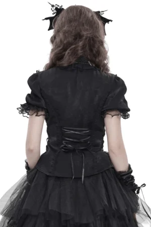 Black gothic blouse with lace-up back detail and corset-inspired lacing - rear view showing back closure and tulle skirt styling
