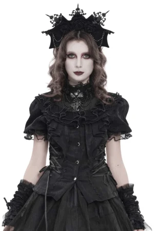 Gothic Victorian blouse with sheer yoke, ruffled collar, and puff sleeves - front view on model wearing gothic crown