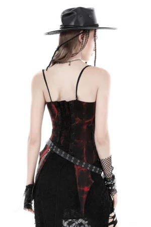 Gothic red and black tie-dye corset showing back lace-up closure and eyelet details, worn by goth model with fishnet accessories