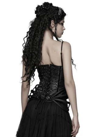 Black gothic rose corset back view showing full lace-up closure and decorative waist straps on model