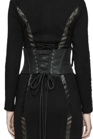 Black gothic waist corset back view showing crisscross lace-up design with grid patterned trims