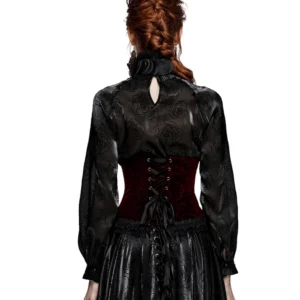 Gothic corset back view showing lace-up design and ruffled lace hem trim