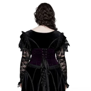 Back view of black velvet goth corset with lace-up design and ruffle lace sleeves on plus-size model