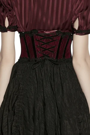 Gothic waist cincher corset back view featuring crisscross lace-up design with black ribbon ties and metal eyelets