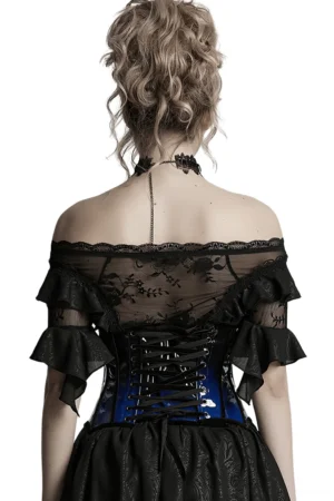 Gothic underbust corset back view showing crisscross lace-up closure with metal eyelets and ruffled lace accents