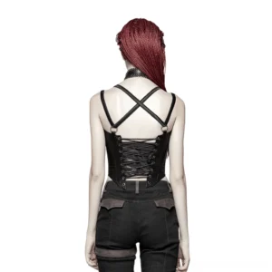 Gothic faux leather corset back detail showing adjustable rope lace-up closure and crisscross straps, worn by model with red braids