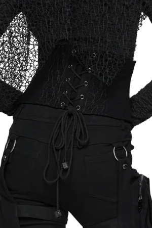 Gothic waist cincher corset worn on model, back view showcasing crisscross lace-up drawstring and web lace panels